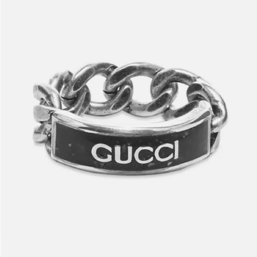 GUCCI Black Speckled Enamel Ring, SS 925, Size 19 (Approx. USA Size 8.75)